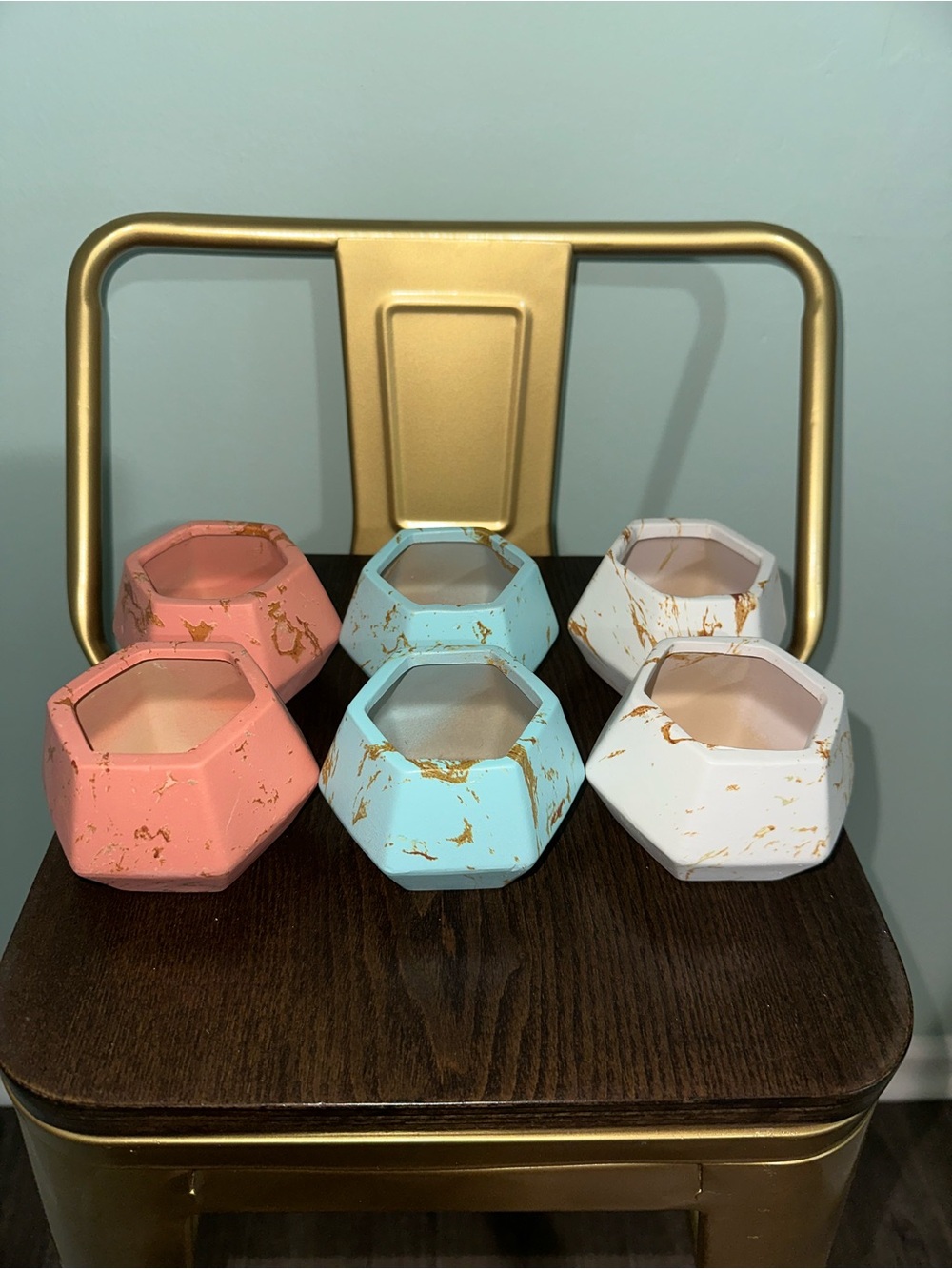Set of Six Hexagonal Marble-Effect Accent Vases in Pink, Blue, and White